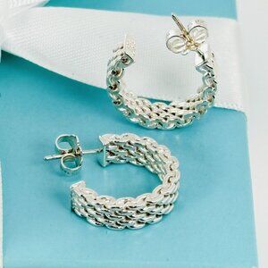Tiffany & Co Small Mini Somerset Mesh Hoop Huggie Earrings in Sterling Silver